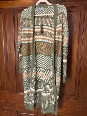 Marled New Olive, White, Tan Stripes Long Open-Front Cardigan